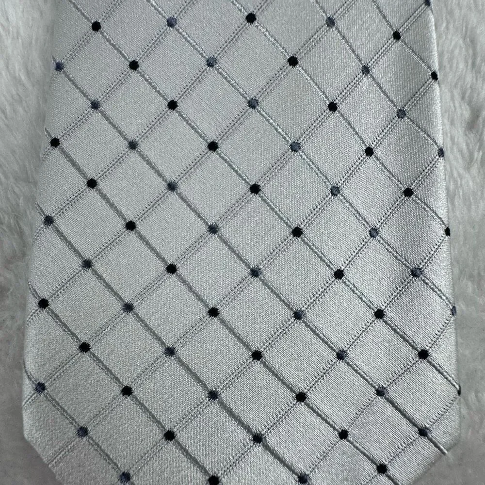 Geoffrey Beene‎ Men's 100% Silk Neck Tie Silver Grid Dot Print Semi Formal New